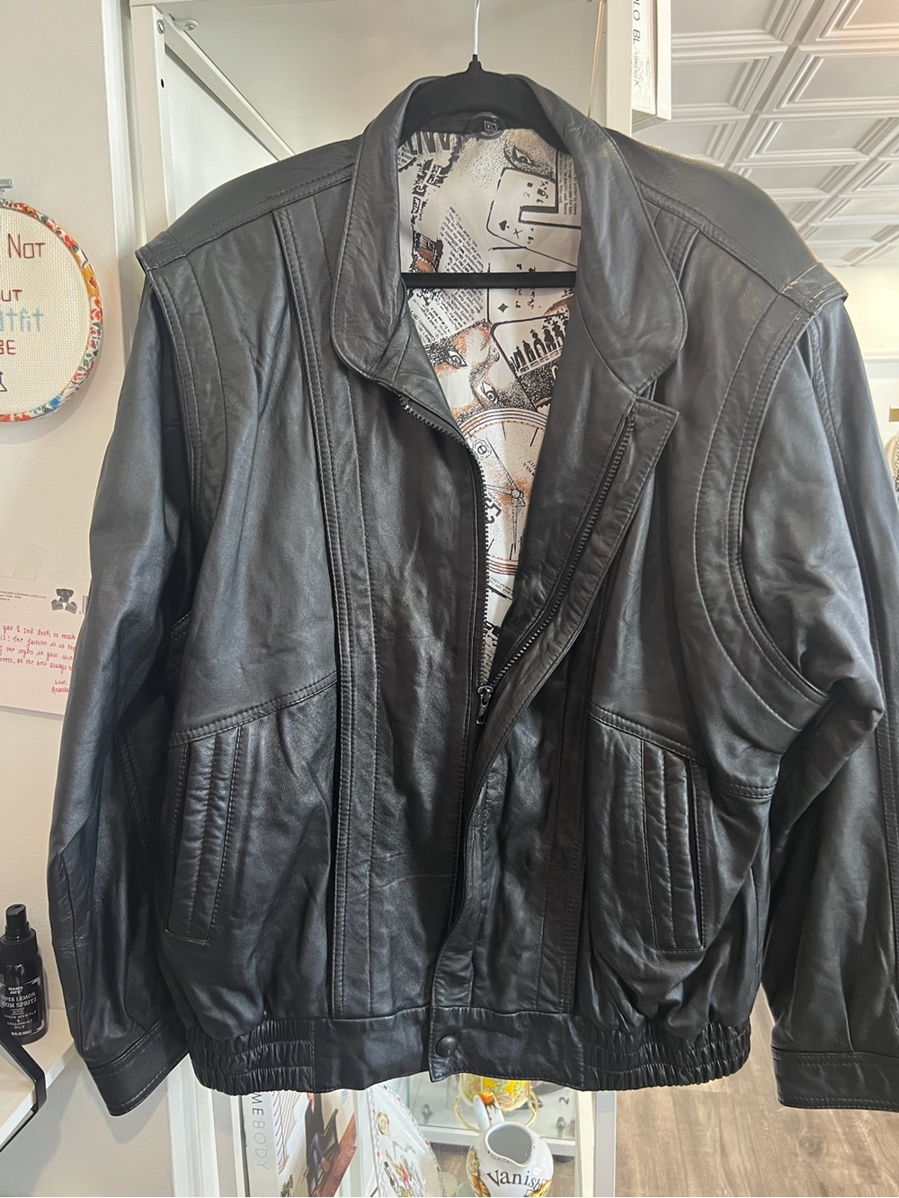 Vintage Black Leather Bomber Jacket